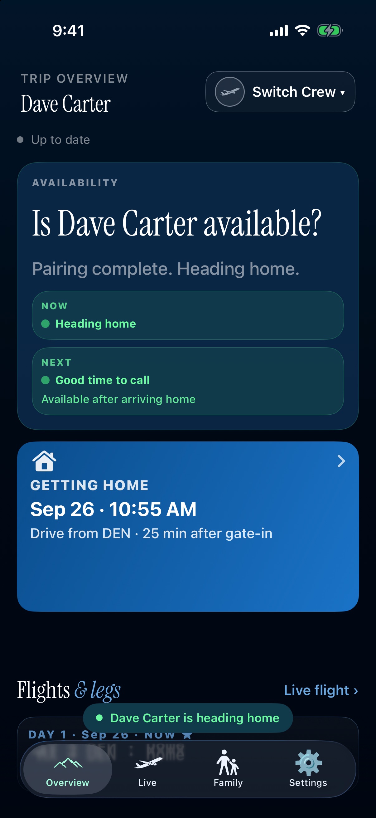 Overview for fictional crewmember Dave Carter, pairing complete and heading home. Highlighted: the Getting Home card with the arrival time and the drive from the airport.