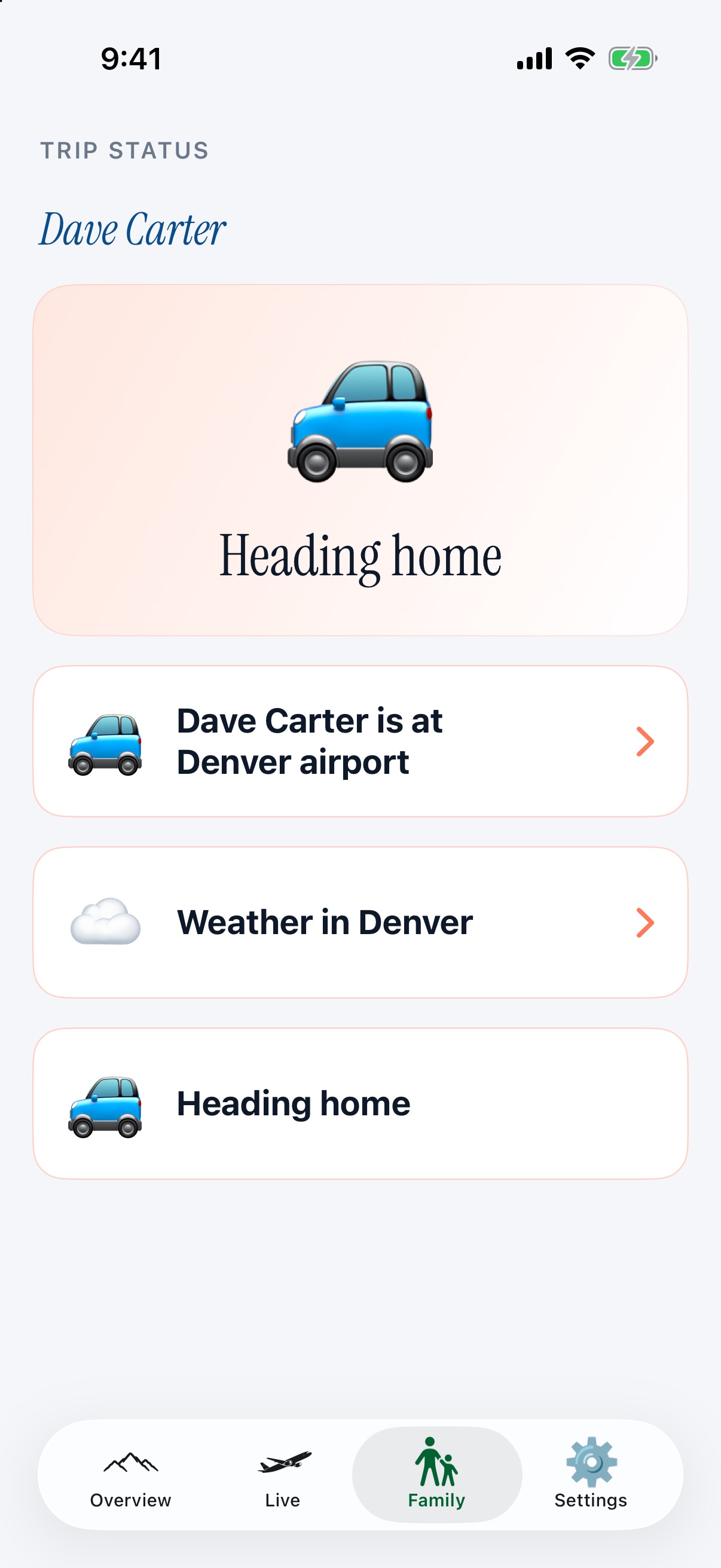 Family View for fictional crewmember Dave Carter. Highlighted: the Heading home card.
