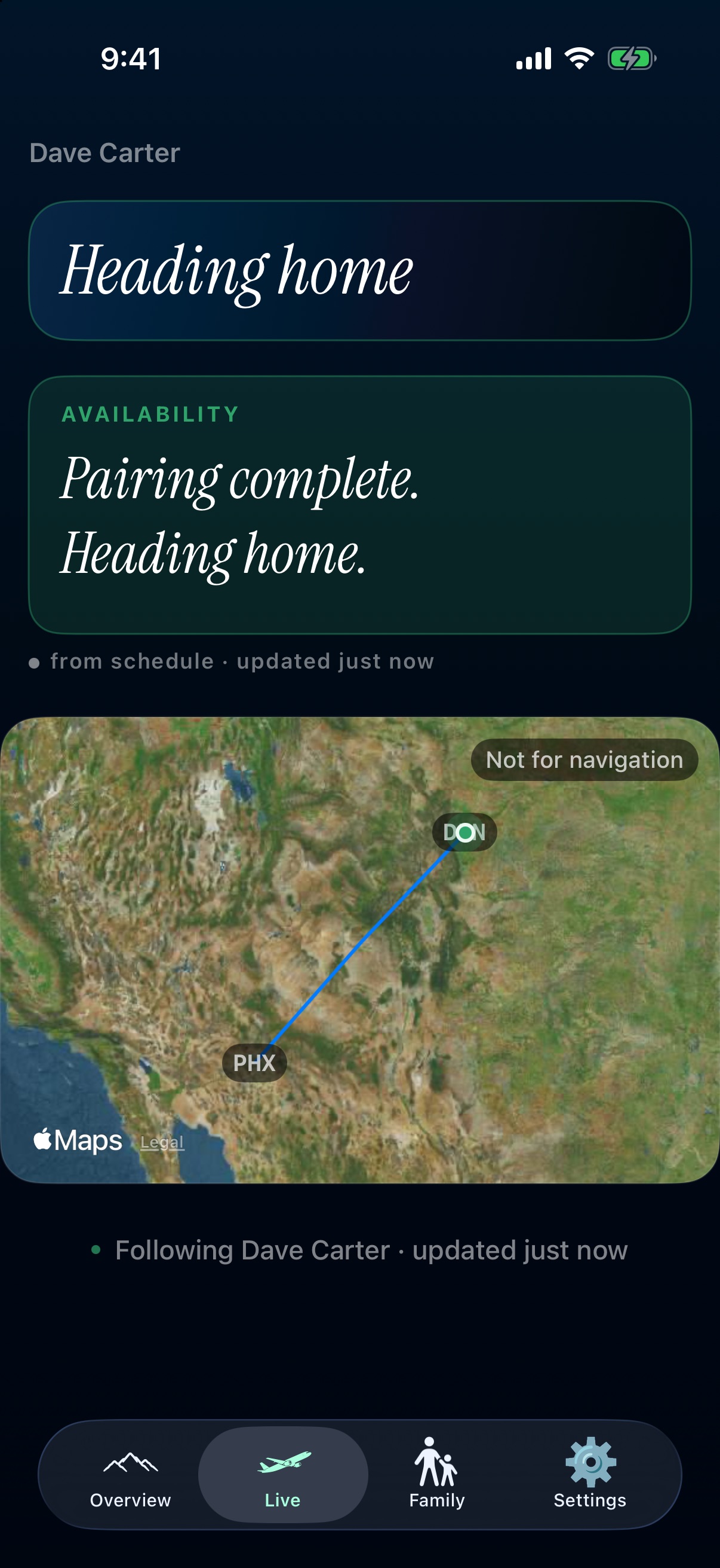 Live tab for fictional crewmember Dave Carter, pairing complete, with a map from Phoenix to Denver. Highlighted: Heading home.