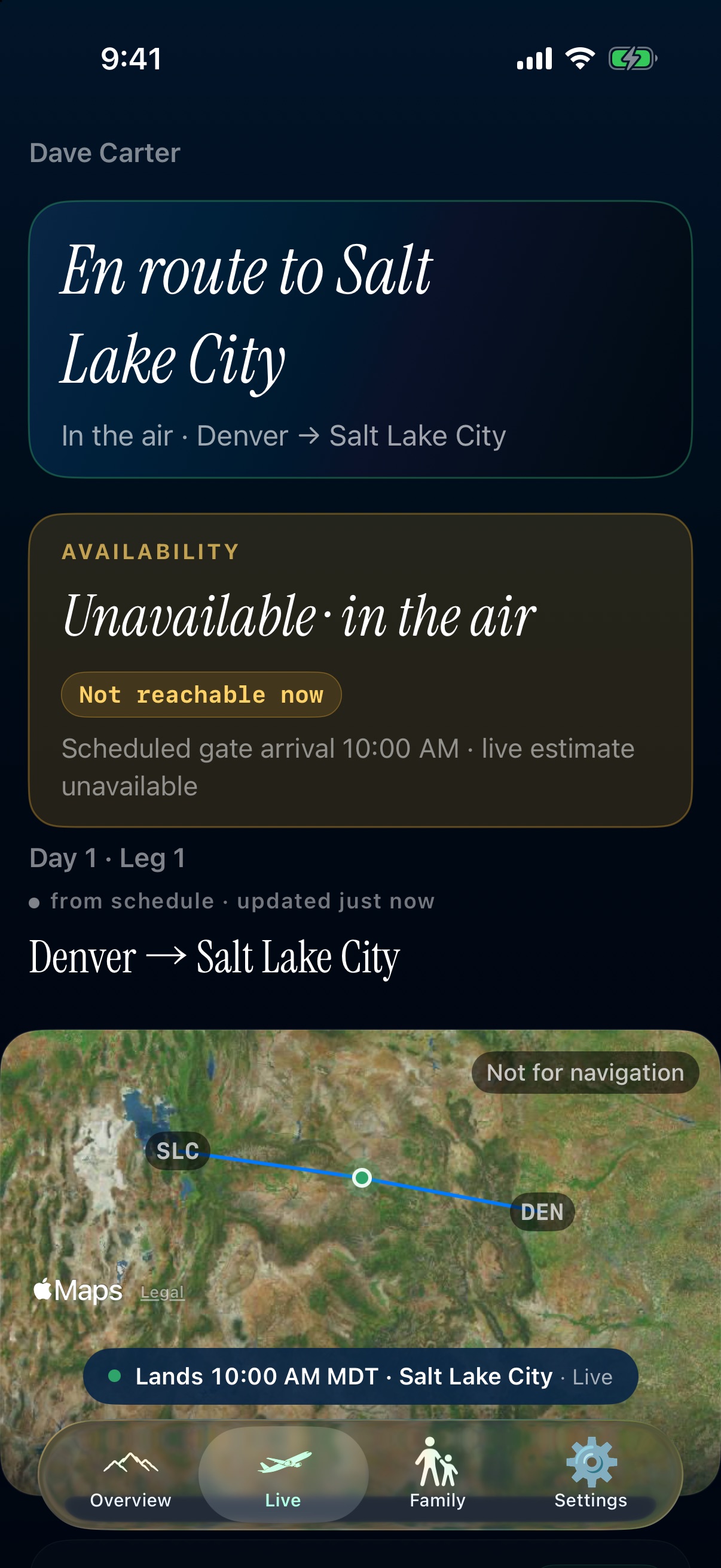 Live tab in the air from Denver to Salt Lake City, fictional demo data, with the route on the map.