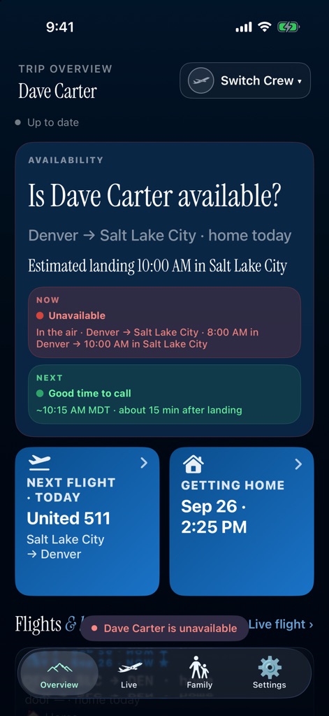 Trip Overview while the crew is in the air, fictional demo data. Highlighted: Right now, unavailable.