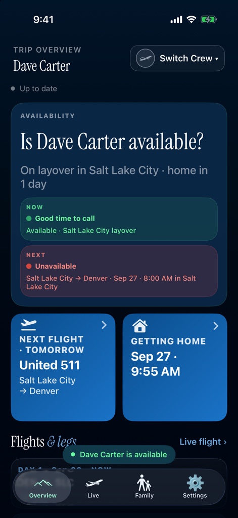 Trip Overview on a layover, fictional demo data. Highlighted: Right now, good time to call.